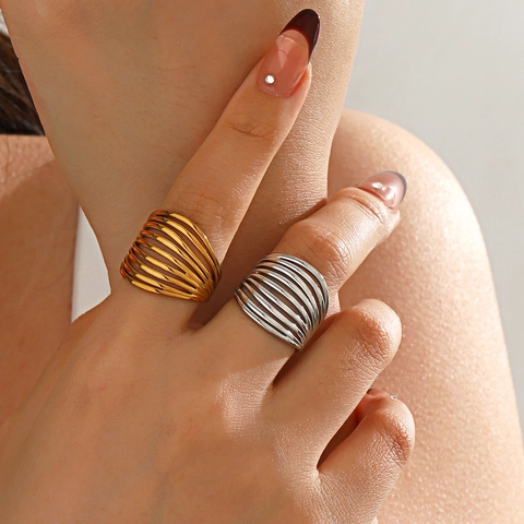 Stainless Steel Multi Layer Wrap Ring 18K Gold Plated Adjustable Open Geometric Minimalist Line Jewelry For Women