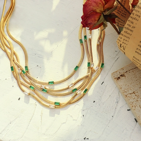 Collana E Bracciale In Acciaio Al Titanio Placcato Oro 18K Per Donna Con Zircone Rettangolare Verde Bianco Gioielli