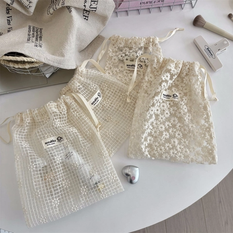 Daisy Embroidery Mesh Lace Drawstring Storage Bag Travel Cosmetic Pouch Jewelry Organizer Zakka Style Lightweight