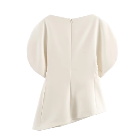 Damen Puff Kurzarm Bluse Top Asymmetrischer Saum U-Boot Ausschnitt Unsichtbarer Reißverschluss Elegant Polyester