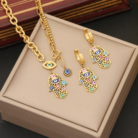 Hamsa Hand Böser Blick Schmuck Edelstahl Emaille Vergoldet Halskette Armband Ohrringe Einzigartig Für Damen