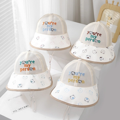 Kids Sun Hat Mesh Breathable Wide Brim Bear Print Adjustable Chin Strap Summer Outdoor Fisherman Cap For Boys Girls