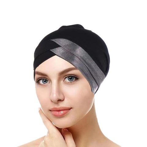 Bonnet Turban Musulman Pour Femmes Avec Front Croisé En Polyester Élastique Brillant Enveloppement De Tête Couleur Unie