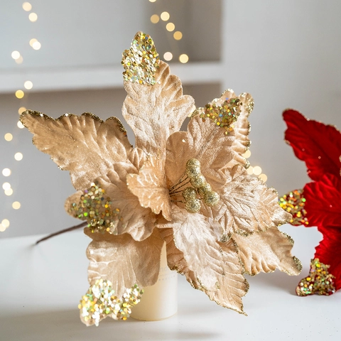 Artificial Poinsettia Flowers Christmas Tree Ornaments Glitter Velvet Fabric Sparkling Holiday Party Home Decoration