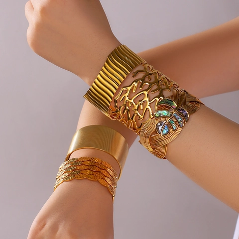 Bracciale Rigido Aperto In Acciaio Inossidabile Placcato Oro 18K Per Donna Design Foglia Onda Corallo Conchiglia Gioielli