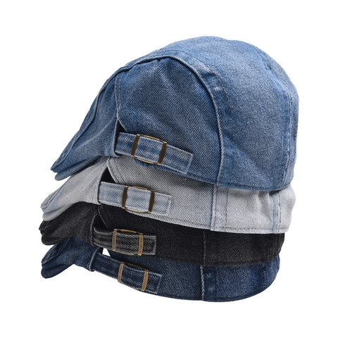 Coppola In Denim Lavato Vintage Fibbia In Metallo Regolabile Cappello Piatto Tesa Corta Streetwear Per Uomo Donna