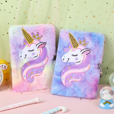 Cute Cartoon Unicorn Diary Notebook With Lock Plush Fabric Embroidered Journal Notebook For Kids Grils Writing Stationary Gift