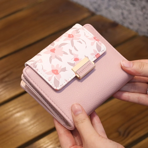 Women Short Wallet PU Leather Floral Print Zipper Coin Purse Small Bi-fold Card Holder Pocket Wallet For Girls Ladies