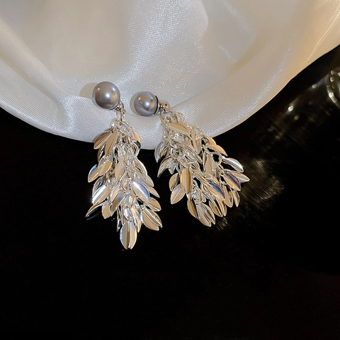 Elegant Alloy Leaf Tassel Drop Earrings With Grey Faux Artificial Pearl And Silver Earring Post