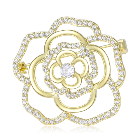 Broche de Flor de Camelia Hueca de Cobre de Lujo Con Microcirconia Alfiler de Rosa Joyería Elegante de Fiesta de Boda