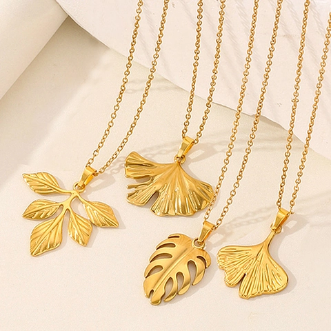 Ginkgo Monstera Leaf Pendant Necklace Stainless Steel 18K Gold Plated Vintage Minimalist Jewelry For Women
