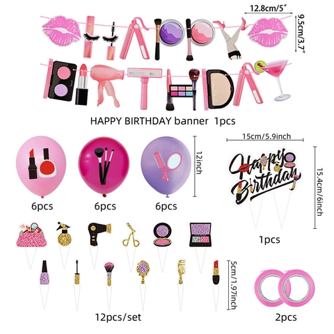 Makeup Theme Birthday Party Banner Cake Toppers And Latex Balloons Lipstick Lips Beauty Cosmetics Paper Party Supplies
