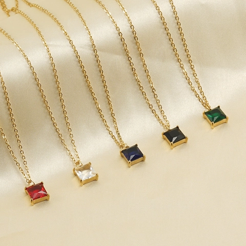 Square Zircon Pendant Necklace 18K Gold Plated Stainless Steel Minimalist Geometric Clavicle Chain Jewelry For Women