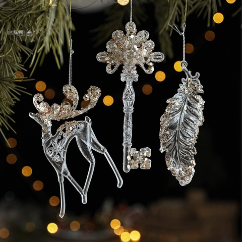 Christmas Tree Hanging Ornaments Clear Acrylic Crystal Snowflake Reindeer Star Key Glitter Festive Holiday Decor