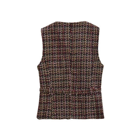 Women Tweed Vest Elegant Retro Round Neck Sleeveless Waistcoat With Gold Buttons Vintage French Style Outerwear
