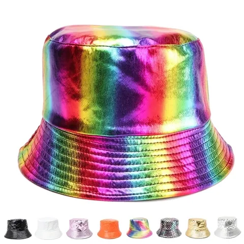 Shiny Patent Leather Bucket Hat Metallic Holographic Laser Reversible Sun Protection Fashion Fisherman Cap Men Women