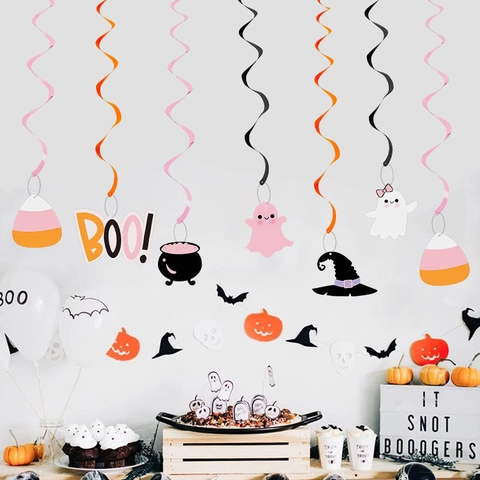Decorazioni Appese Per Halloween Spirale In PVC Pendenti Fantasma Cappello Da Strega BOO Ornamenti Per Soffitto Rosa Arancione Nero Cartone Animato
