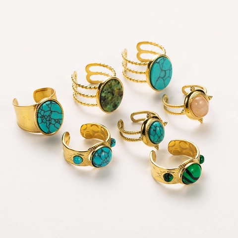 Anillo In Acciaio Inossidabile Vintage Intarsio In Pietra Turchese Naturale Aperto Regolabile Gioielleria Boho Per Donna