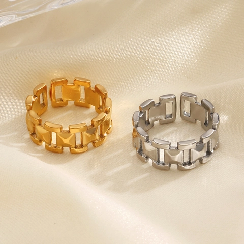 Stainless Steel Chain Link Open Ring Minimalist Adjustable 18K Gold Plated Geometric Fashion Jewelry For Women
