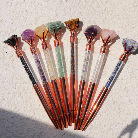 Balpen Rose Goud Metaal Met Natuurlijke Ruwe Kristalsteen En Minerale Decoratieve Kantoor Schrijven Geschenk