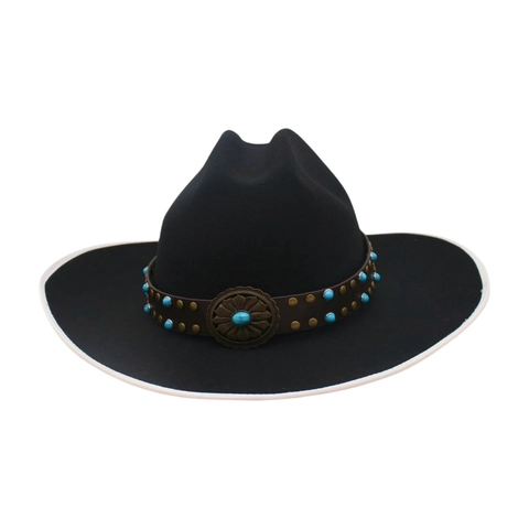 Western Cowboy Fedora Hat Faux Wool Felt With Leather Belt Turquoise Metal Buckle Retro Bohemian Wide Brim Accessory