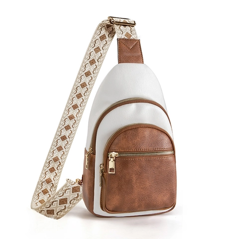 Women Chest Bag PU Leather Jacquard Wide Strap Contrast Color Multi-pocket Crossbody Vintage Shoulder Bag