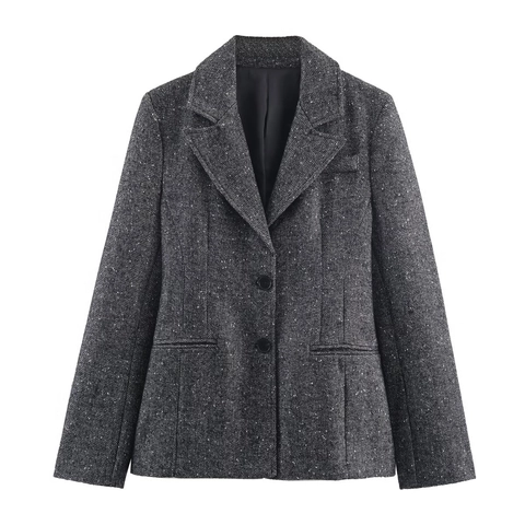 Women Herringbone Tweed Blazer And Pants Outfit Office Business Casual Streetwear Long Sleeve High Waist Wide Leg