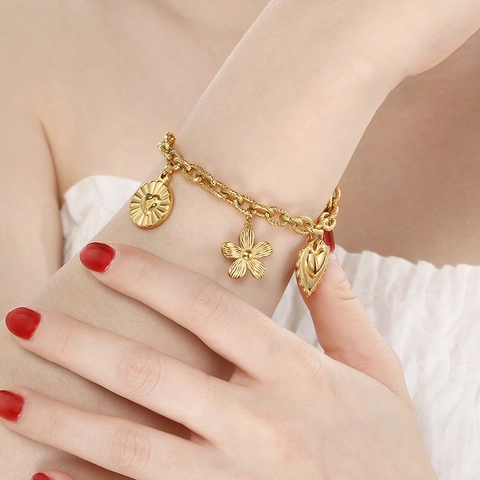 Bracciale Con Ciondoli In Acciaio Inossidabile Placcato Oro Spiaggia Estiva Oceano Conchiglia Onda Cuore Fiore Pendente Moda