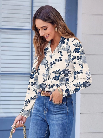 Women Fashion Casual Print Blouse Shirt Long Sleeve Lapel Button Up Polyester Floral Stripe Abstract Ink Commute