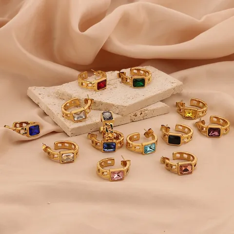 C Hoop Earrings Stainless Steel With Rectangular Colorful Cubic Zirconia Micro Inset Texture Style For Women Luxury