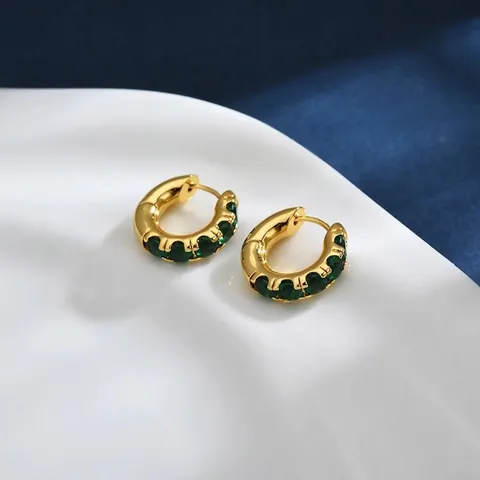 Orecchini a Cerchio in Rame Placcato Oro a Forma di C Geometrica Con Zirconia Verde Intarsiata Gioielli per Donna