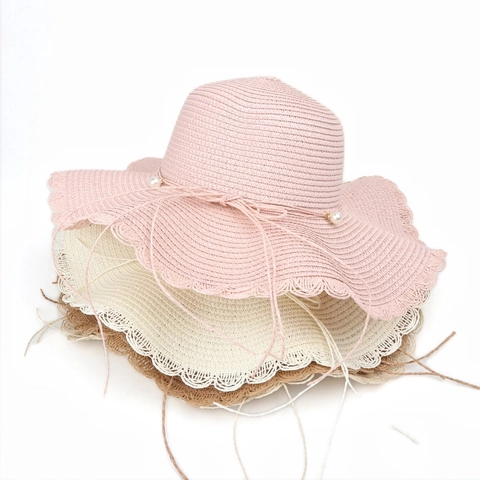 Women Straw Sun Hat Pearl Scalloped Brim Bow Knot Wide Brim Summer Beach Vacation Sweet Breathable Folding Sun Protection Hat