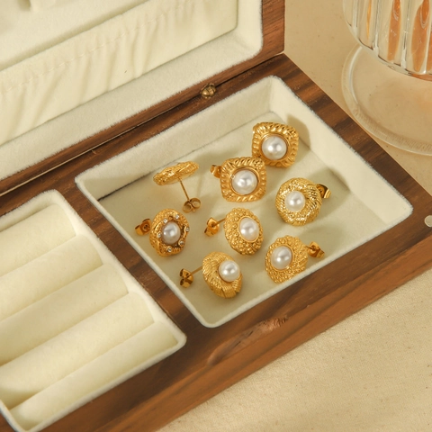 Vintage French Artificial Pearl Stud Earrings Geometric Stainless Steel Gold Plated Elegant Jewelry Accessories For Women
