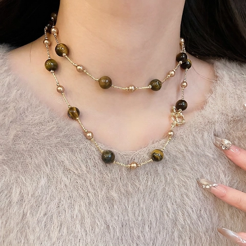 Vintage Tiger Eye Imitation Artificial Pearl Beaded Necklace Long Strand Elegant Gold Plated Metal Neck Chain Jewelry For Women