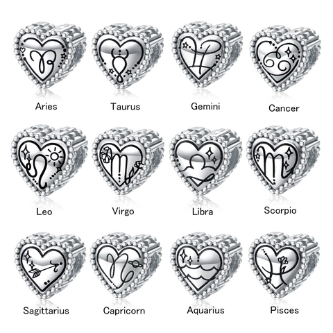 925 Sterling Silver Heart Charm Beads 12 Zodiac Horoscope Signs For Bracelet Jewelry Making Beaded Edge Vintage Style