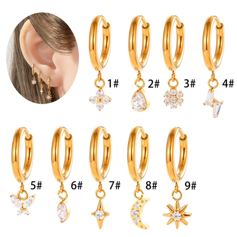 Titanium Alloy Hoop Earrings With Cubic Zirconia Star Moon Butterfly Dangle Pendants Cartilage Piercing Jewelry For Women