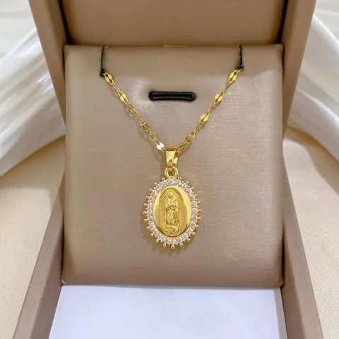 Maagd Maria Hanger Ketting Roestvrijstalen Ketting Met Koper Zirkoon Micro Pave Religieuze Vergulde Sieraden Voor Dames