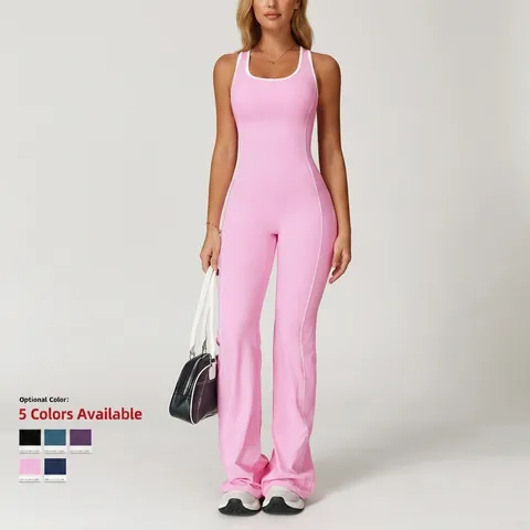 Dames Yoga Jumpsuit Open Rug Flare Broek Bodysuit Contrastbiezen Nylon Spandex Sportkleding Slanke Pasvorm