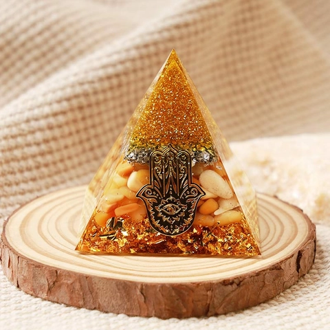 Orgonite Pyramid Healing Energy Tower Resin Natural Crystal Gold Foil Metal Handmade Mystical Spiritual Desktop Decor