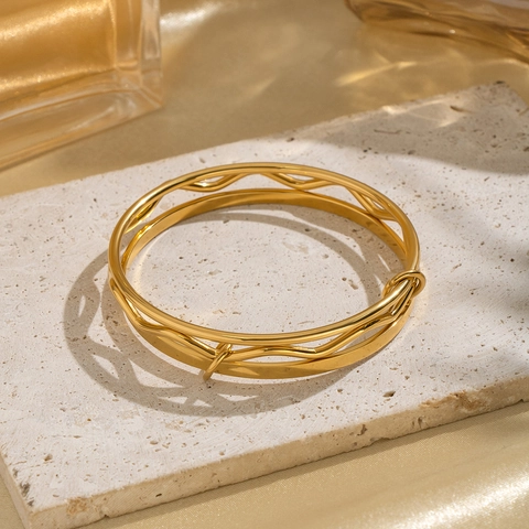 Wave Geometric Double Layer Bangle 304 Stainless Steel Vacuum Gold Plated Waterproof Jewelry Women Elegant Trendy