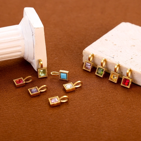 Vierkante Zirkon Hanger 18K Verguld Roestvrij Staal Kralenrand Kleurrijke Geboortesteen Bedels Sieraden Maken DIY Ketting