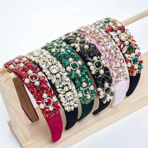 Vintage Palace Style Velvet Padded Headband With Rhinestone Artificial Pearl Luxury Baroque Hair Accessories For Women