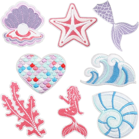 Mermaid Sea Theme Embroidery Patches Shell Sea Wave Starfish Coral Polyester Embroidered Fabric DIY Iron On Sew On Decoration