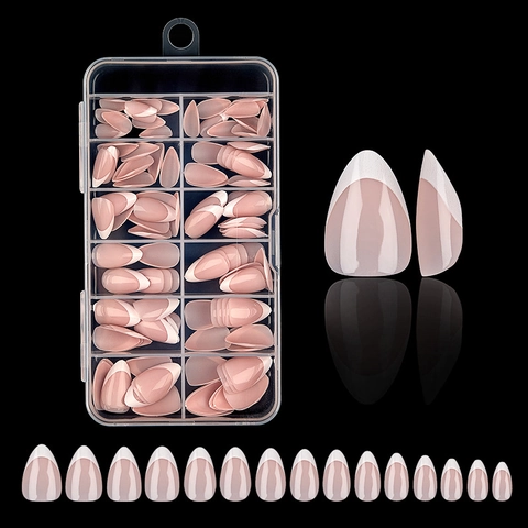French Tip Press On Nägel Mandelform Nude Rosa Weiß Künstliche Nägel ABS Kunststoff Full Cover DIY Maniküre Damen