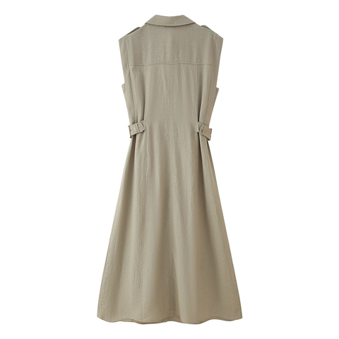 Robe Longue Sans Manches Femme Style Chemise Aspect Lin Col En V Boutonné Style Cargo Avec Poches Taille Réglable Coupe Trapèze