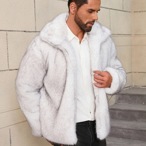 Heren Jas Van Kunstbont Winter Warm Dik Pluche Reverskraag Casual Bovenkleding Mode Mantel