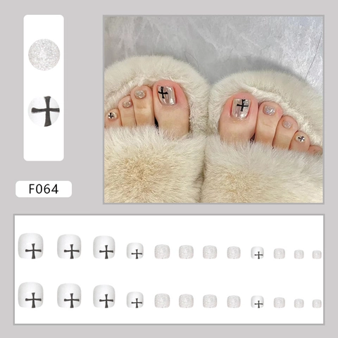 Uñas Postizas Para Pies Plata Metálica Brillo Con Patrón De Cruz Negra Estilo Punk Decoración De Pies Para Mujeres
