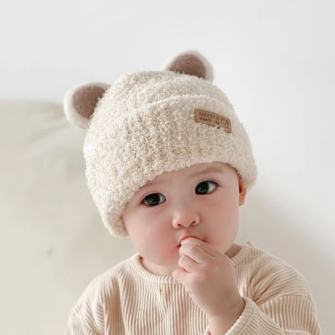 Baby Winter Knit Hat Cute Bear Ears Plush Fleece Thermal Ear Protection Beanie For Infants Toddlers Soft Warm Pullover
