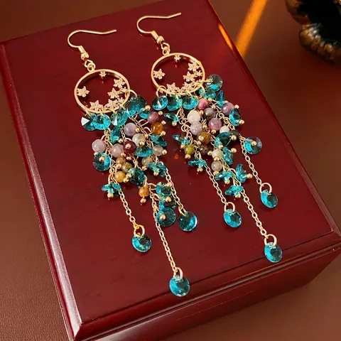 Orecchini Vintage Con Frange A Stella Con Perno In Argento Lega Zircone Perle Di Cristallo Colorate Gioielli Donne