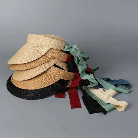 Elegant Fine Raffia Straw Sun Visor Hat Wide Brim Foldable Breathable Summer Beach Vacation Ribbon Bow For Women